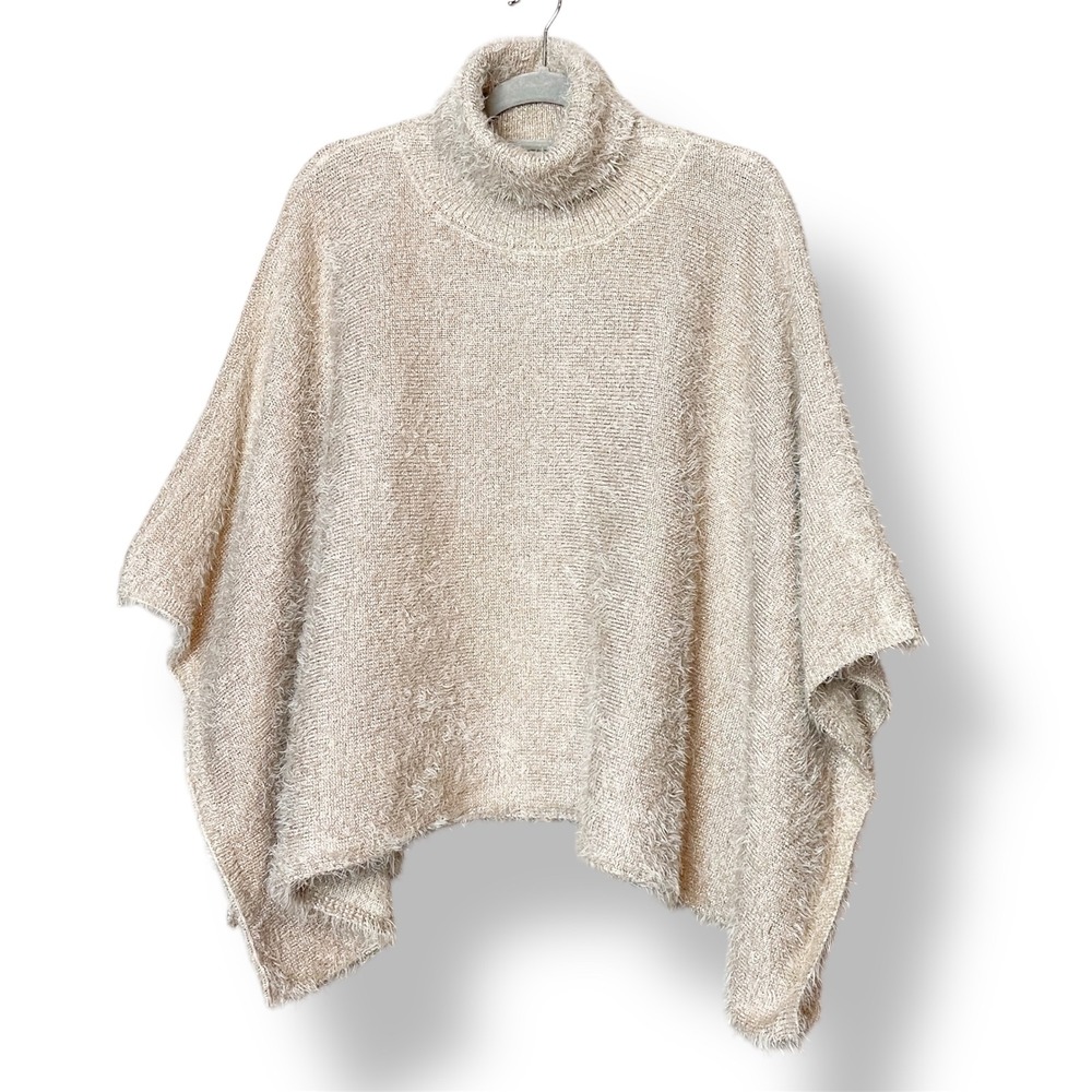 Anthropologie Akemi‎ + Kin Lara Eyelash Poncho Fuzzy Turtleneck Sweater Gold O/S